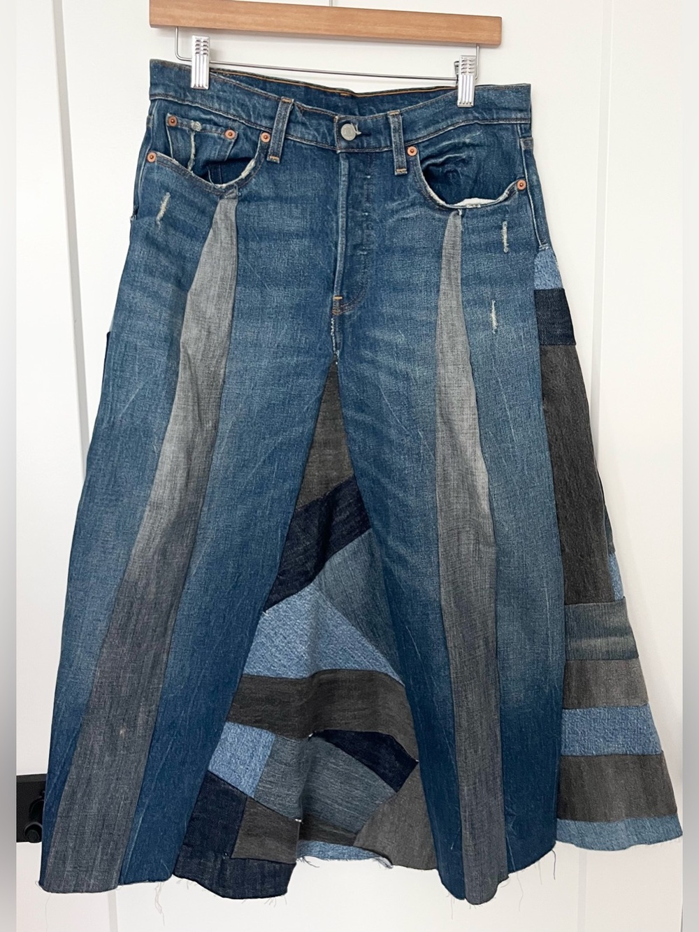 Levi’s Reworked Patchwork Denim Maxi Skirt 29 Upcycled Boho Hippie Jean Skirt